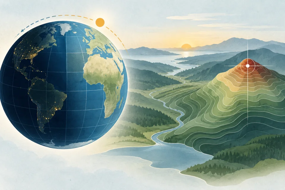 Illustration mit einem Globus, einer Tag-Nacht-Grenze, einer Sonne und einem Geländerelief.