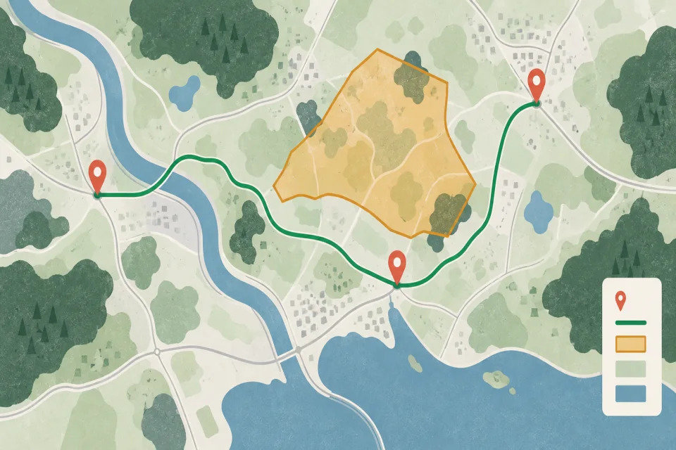 Illustration einer Kartenlandschaft mit einer eingefärbten Polygonfläche und markierten Punkten.