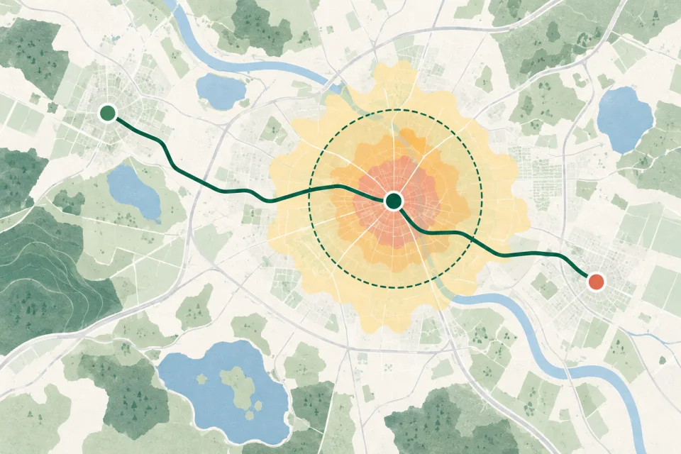 Illustration einer Kartenlandschaft mit zwei markierten Orten, einer grünen Verbindung, einem Radius und abgestuften Zonen.